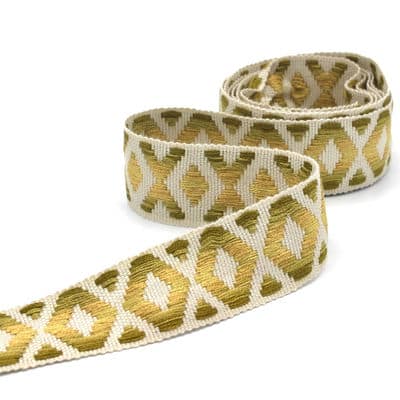 Vintage jacquard braid trim - ecru, green and gold 