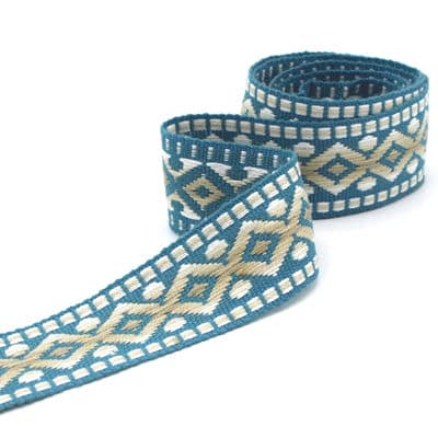 Vintage jacquard biesband - ecru en blauw 