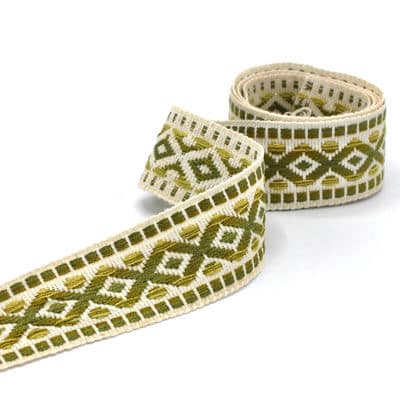 Vintage jacquard braid trim - ecru and green