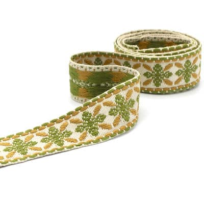 Galon Jacquard vintage beige, vert et doré