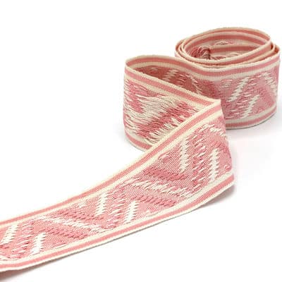 Vintage jacquard braid trim - ecru and pink 