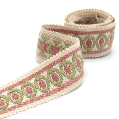 Galon Jacquard vintage beige, rose et vert