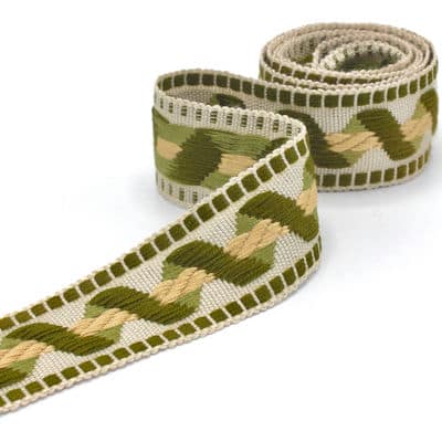 Vintage jacquard braid trim - ecru and green