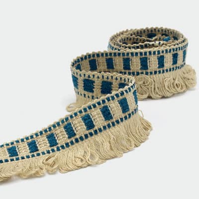 Vintage jacquard braid trim with fringes - beige and blue 