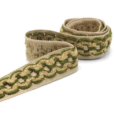 Vintage jacquard braid trim - beige and green