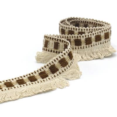 Vintage jacquard braid trim with fringes - beige and plum