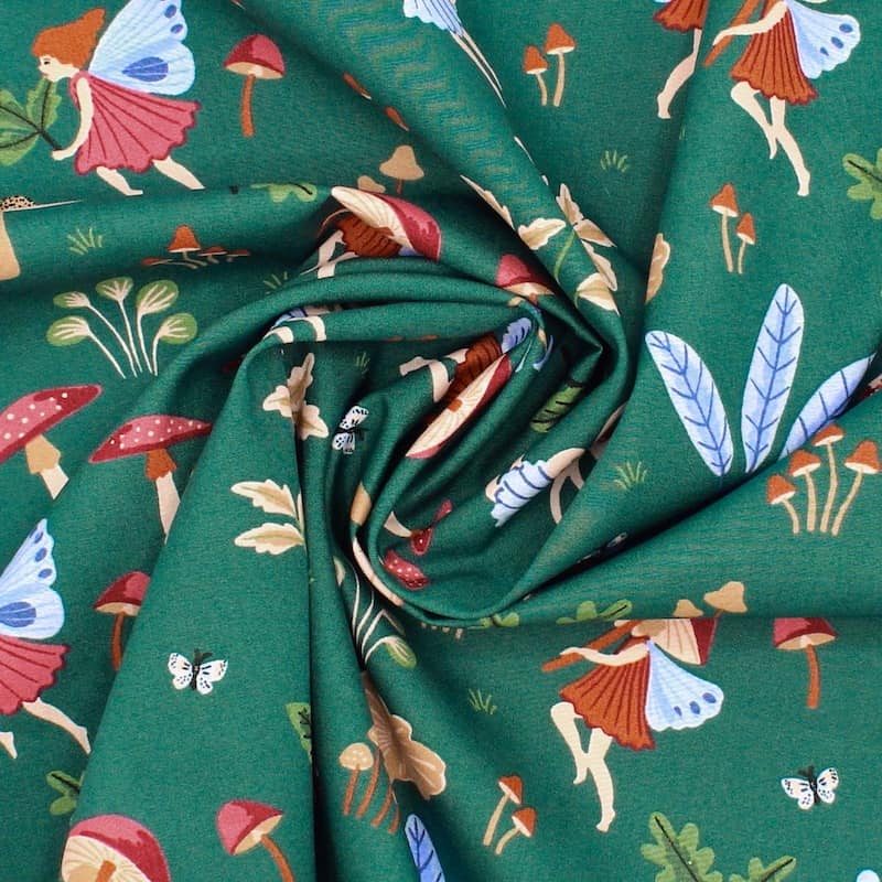 Cotton fabric with elves - green