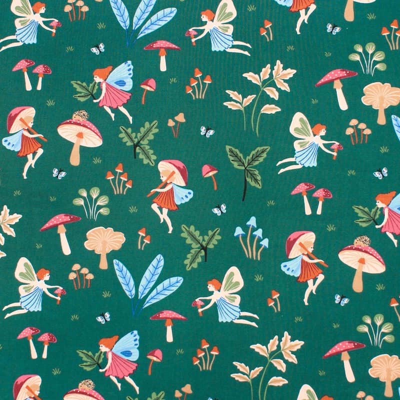 Cotton fabric with elves - green 