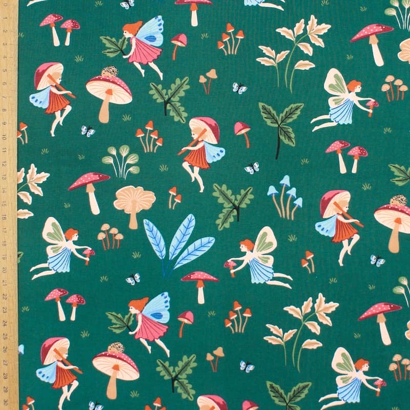 Cotton fabric with elves - green 