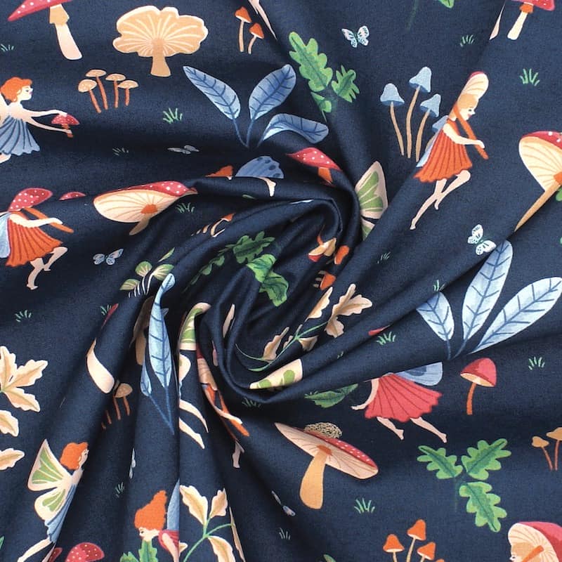 Cotton fabric with elves - navy blue 