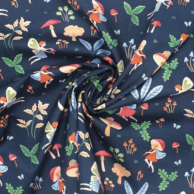 Cotton fabric with elves - navy blue 