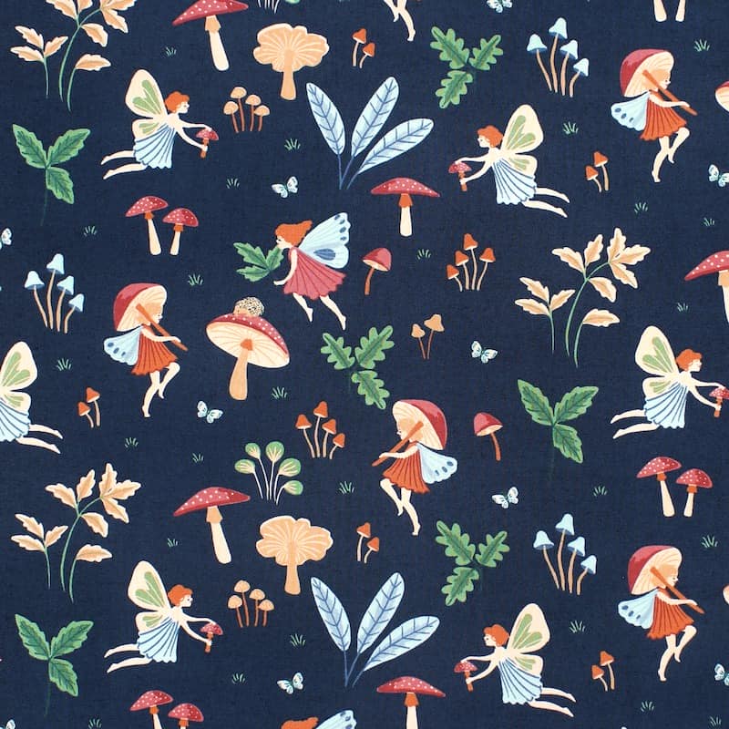 Cotton fabric with elves - navy blue 