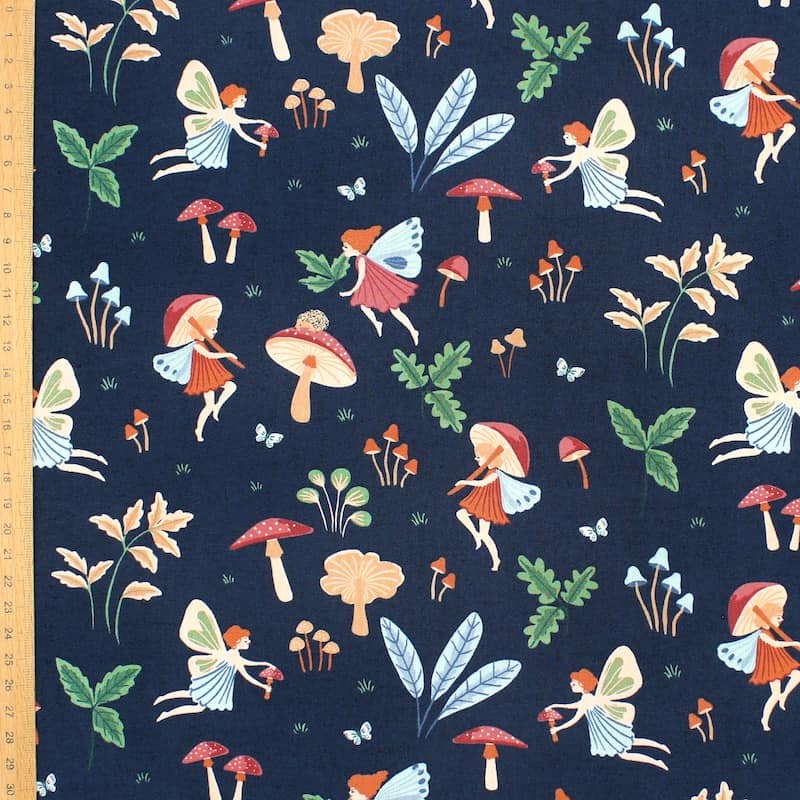 Cotton fabric with elves - navy blue 