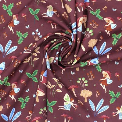 Cotton fabric with elves - burgondy 