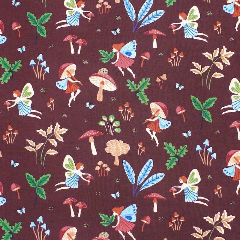 Cotton fabric with elves - burgondy 