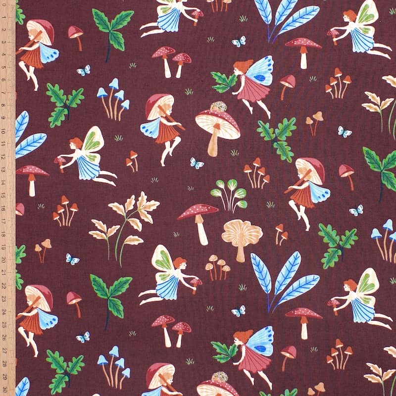 Cotton fabric with elves - burgondy 