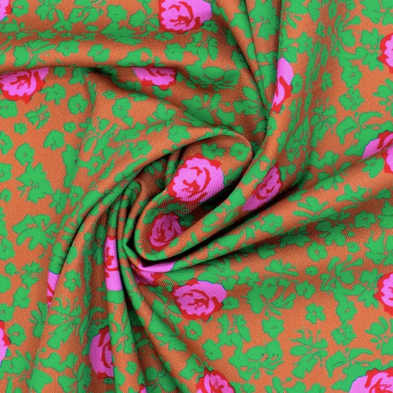 Cotton twill fabric with roses - rust and green