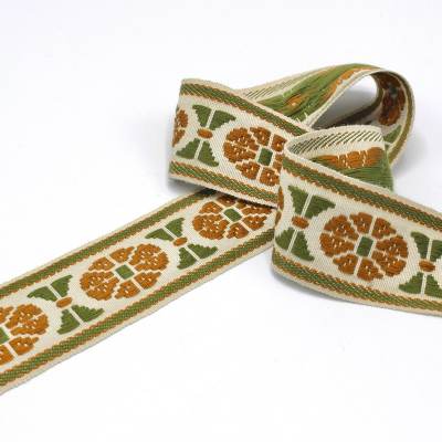 Vintage jacquard braid trim - ecru, green and rust