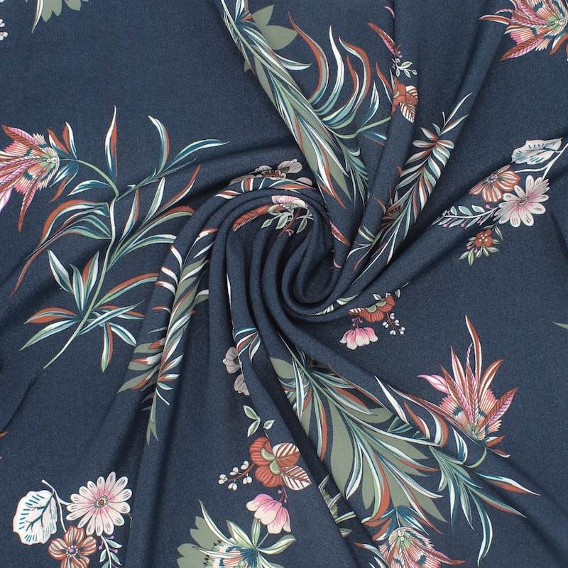 Crêpe fabric with flowers - navy blue 