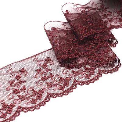 Embroidered tulle with flowers - Burgundy