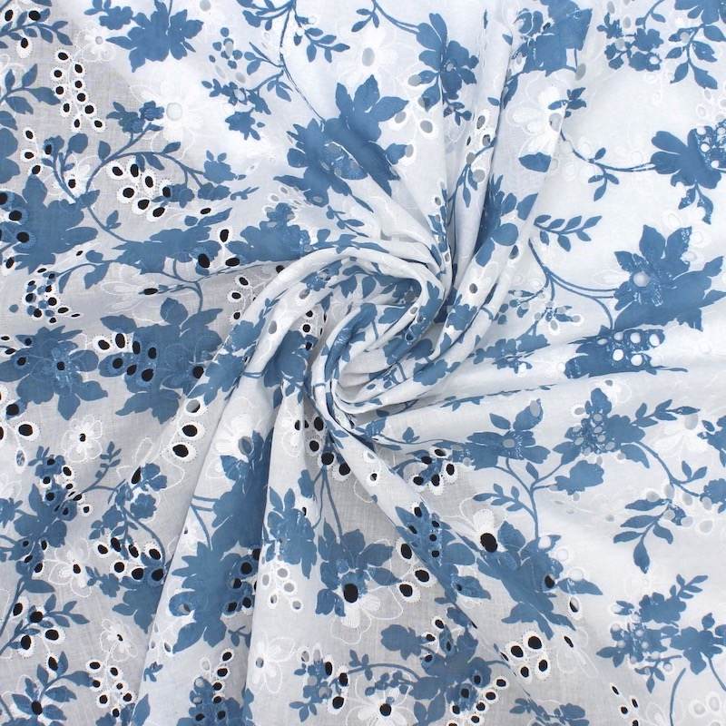 Tissu coton brodé et imprimé fleurs - blanc