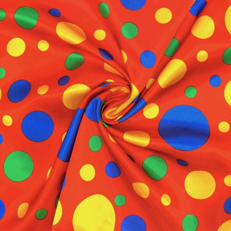 Multicoloured polka dot satin fabric - red