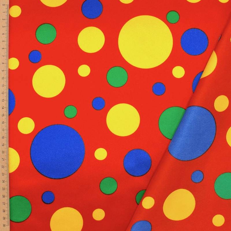 Multicoloured polka dot satin fabric - red