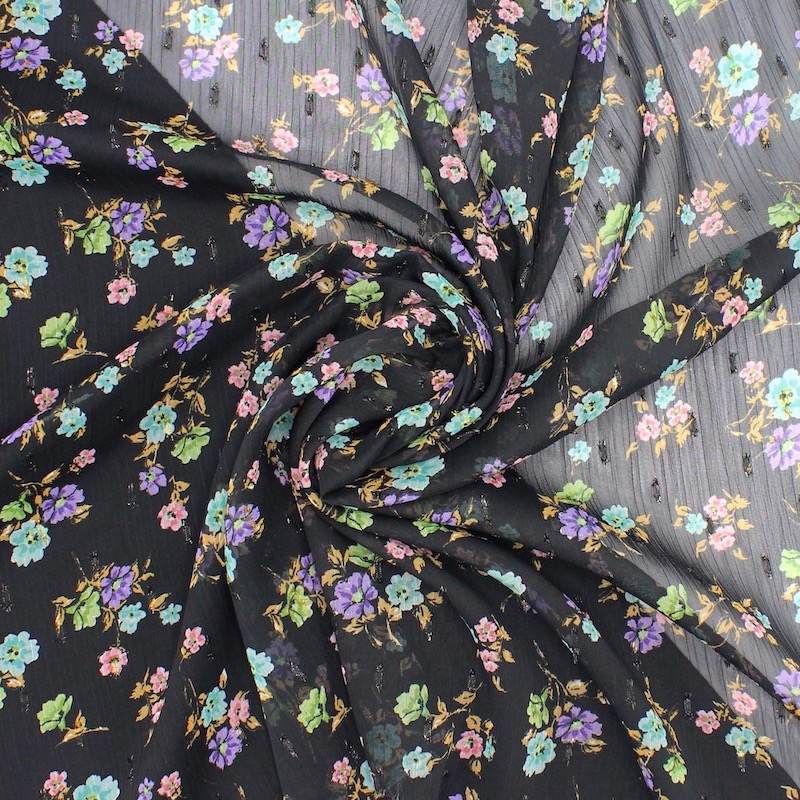 Bloemenprint polyester voile - zwart