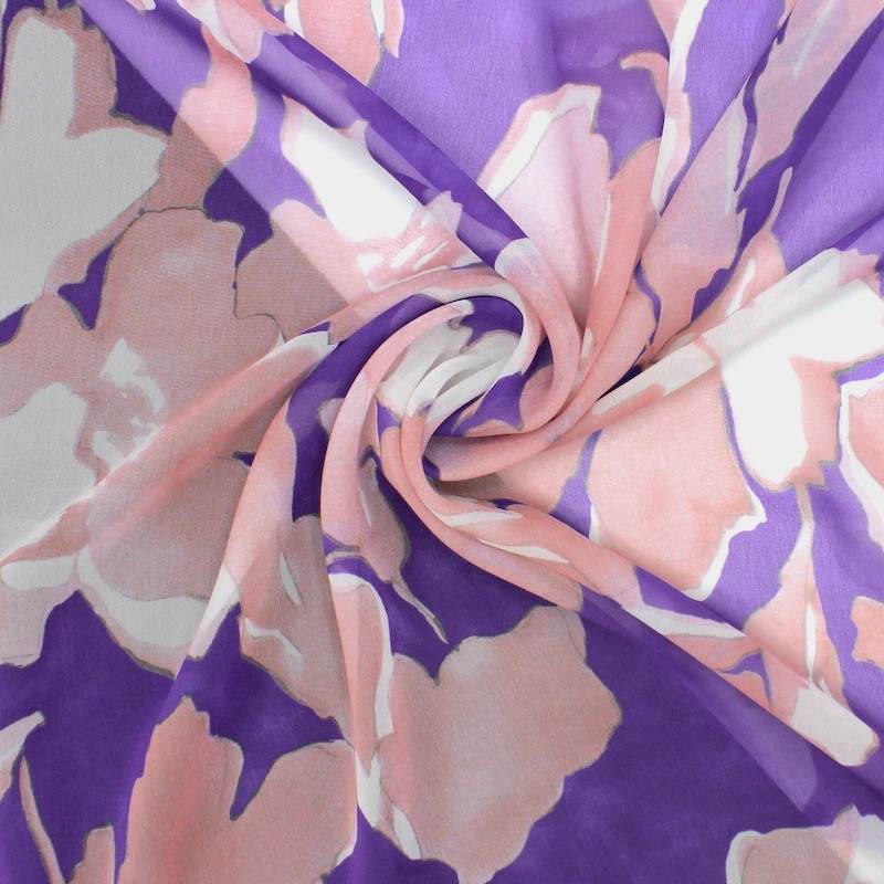 Voile viscose imprimé fleurs - rose et mauve