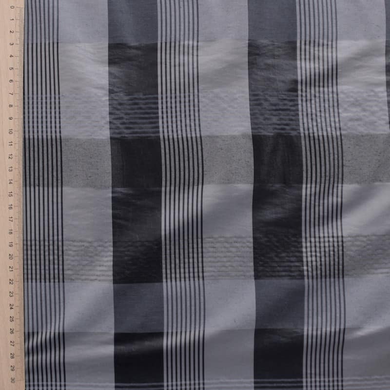 Checkered clothing fabric dark blue and gray satin finish