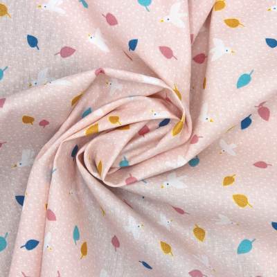 100% cotton leaf and bird print fabric - pink