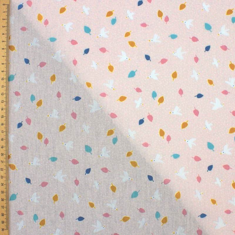 100% cotton leaf and bird print fabric - pink