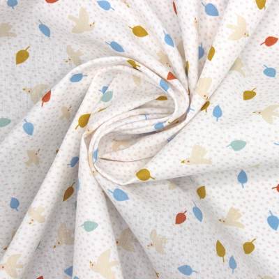 Tissu 100% coton feuilles et oiseaux - blanc