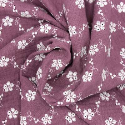 Flower embroidered double gauze - plum