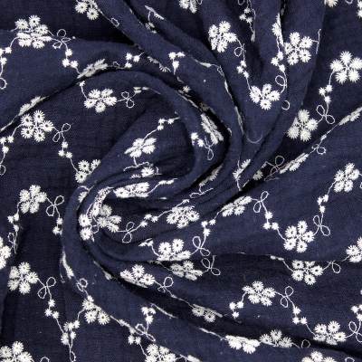 Flower embroidered double gauze - navy blue