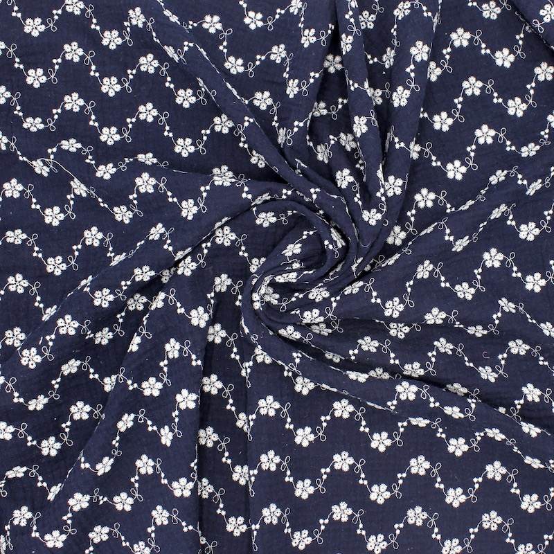 Flower embroidered double gauze - navy blue