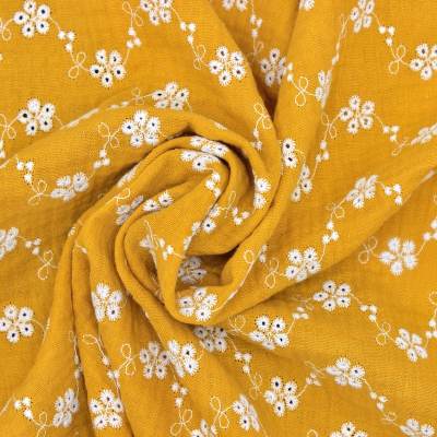 Flower embroidered double gauze - ochre