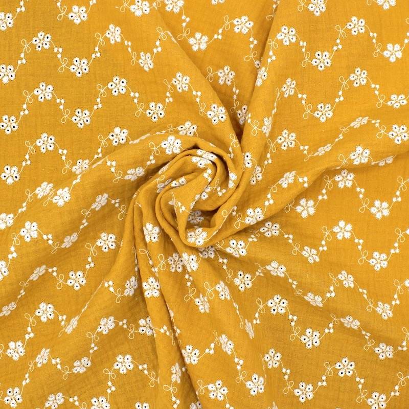 Flower embroidered double gauze - ochre