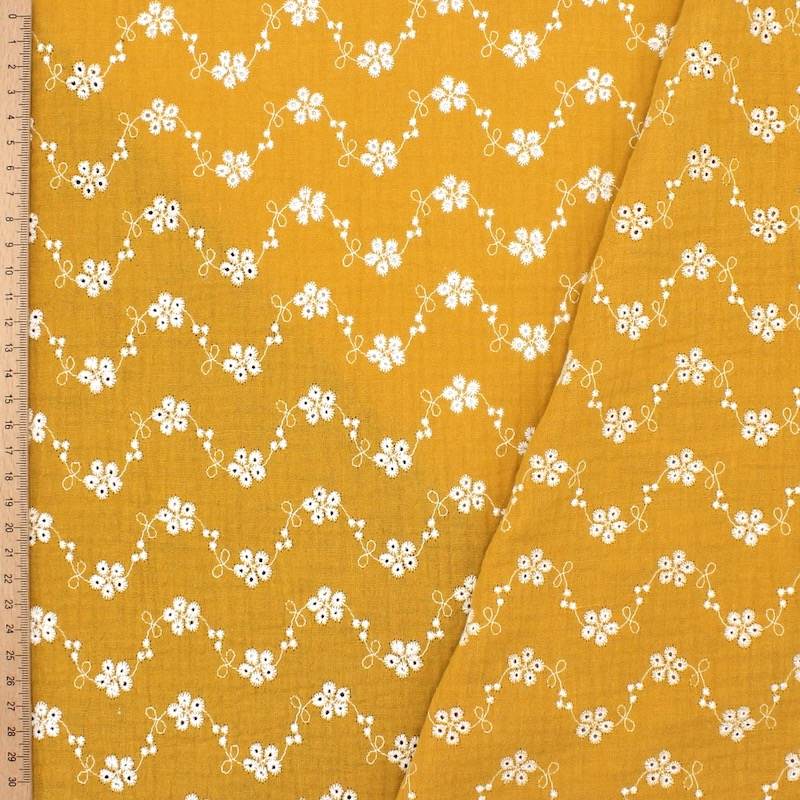 Flower embroidered double gauze - ochre