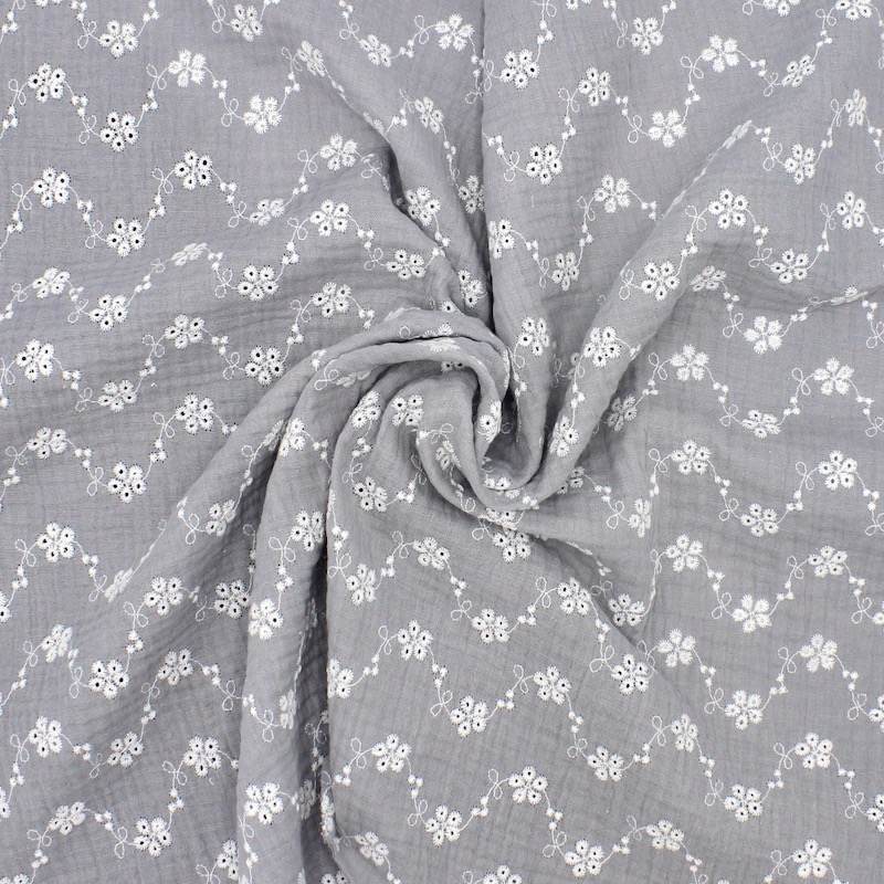 Flower embroidered double gauze - grey