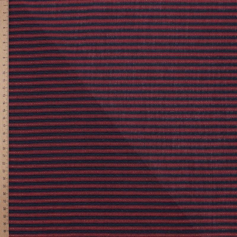 Striped cotton voile with metallic thread - navy and burgundy