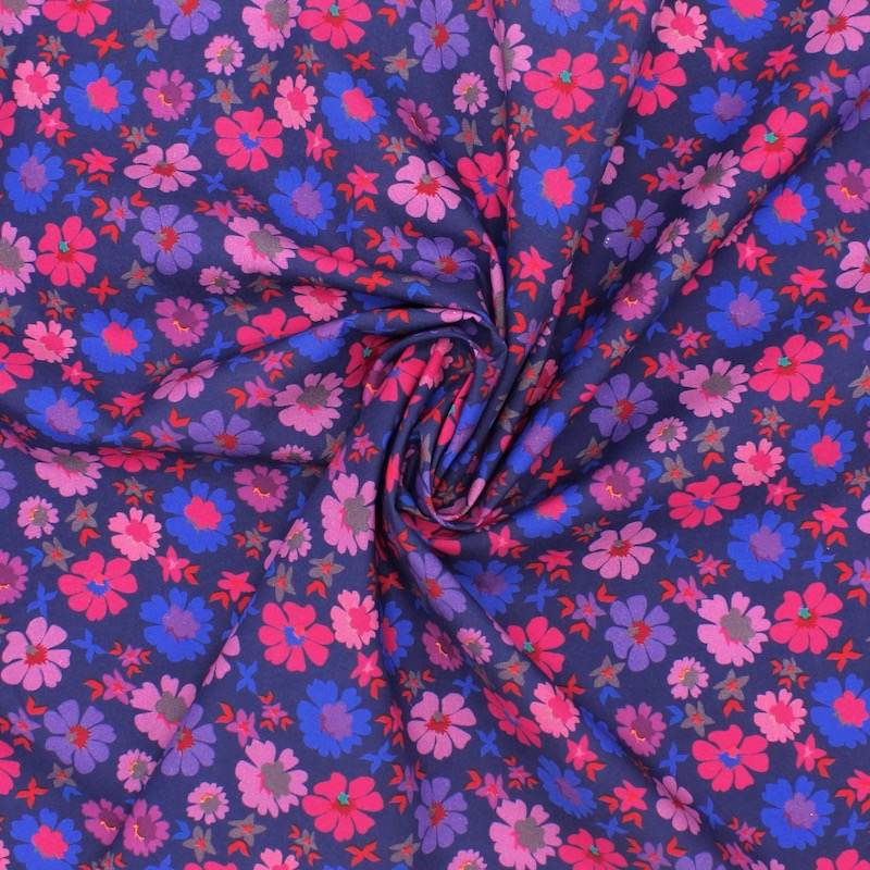 Cotton poplin with floral print - navy blue