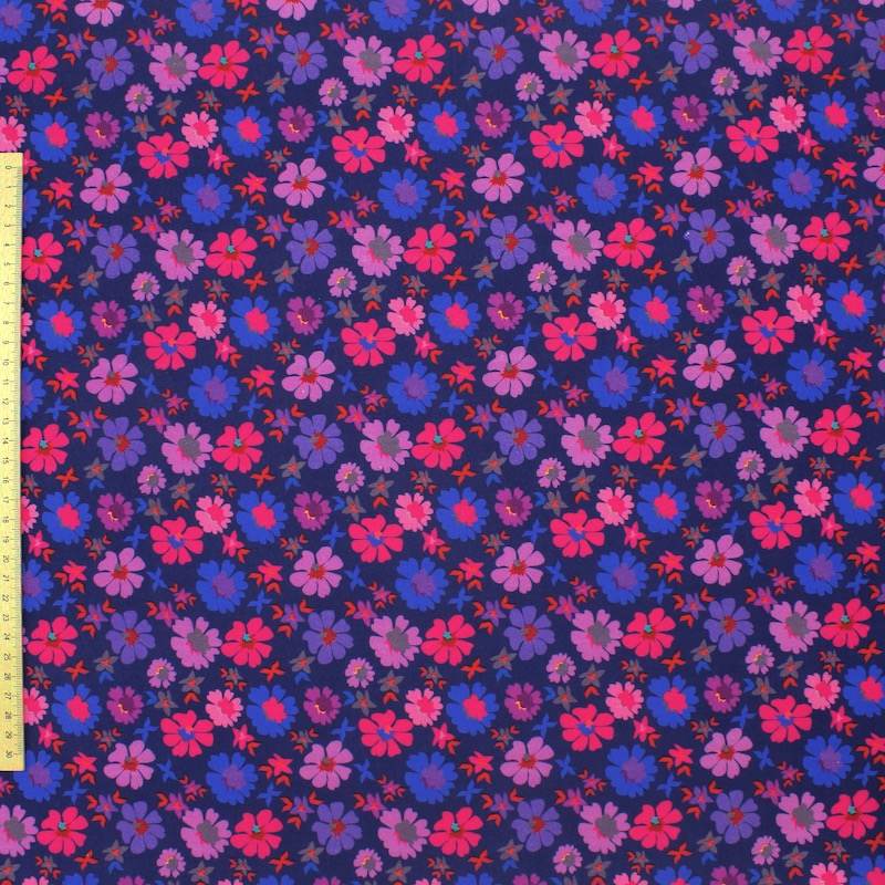 Cotton poplin with floral print - navy blue