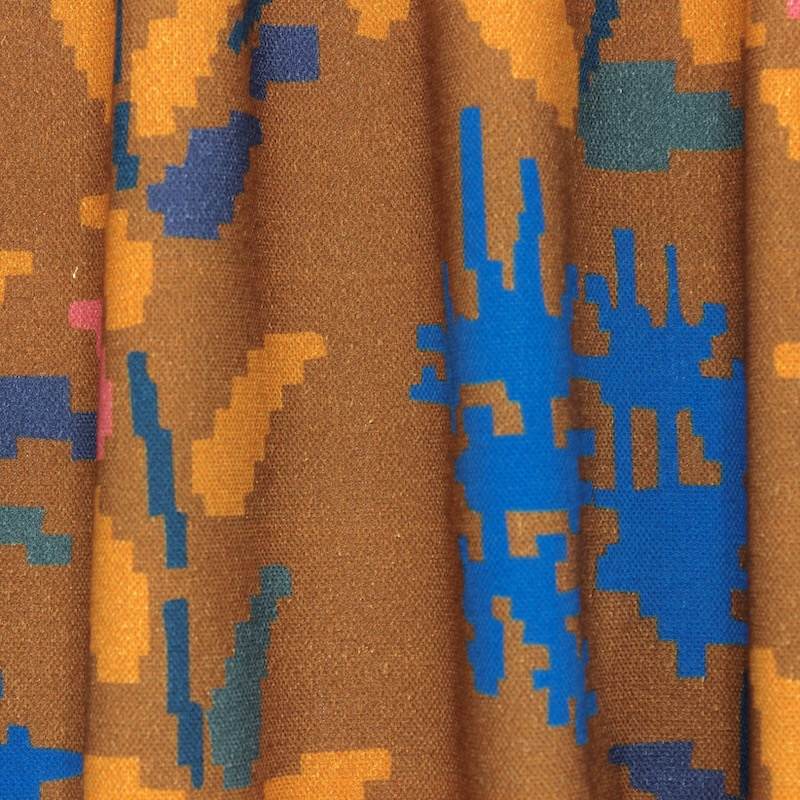 Katoenen stof met pixelbloemenprint - bruin en roest