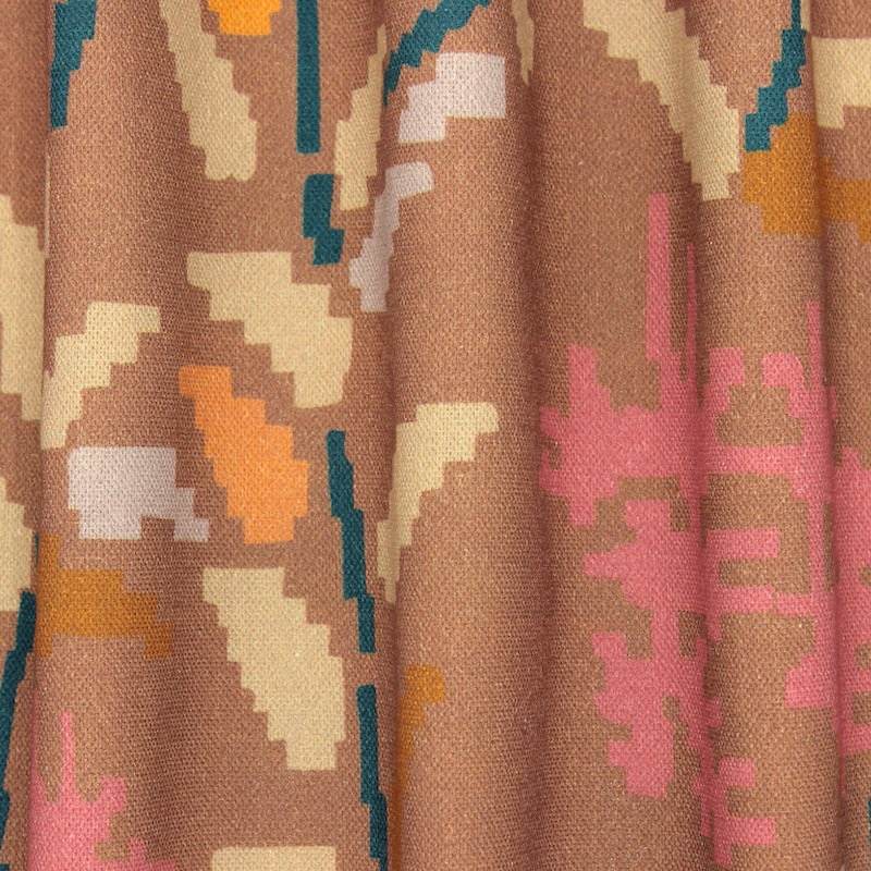 Katoenen stof met pixelbloemenprint - bruin en beige