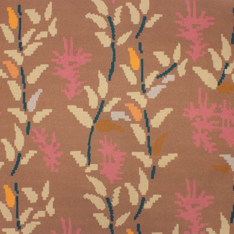 Katoenen stof met pixelbloemenprint - bruin en beige