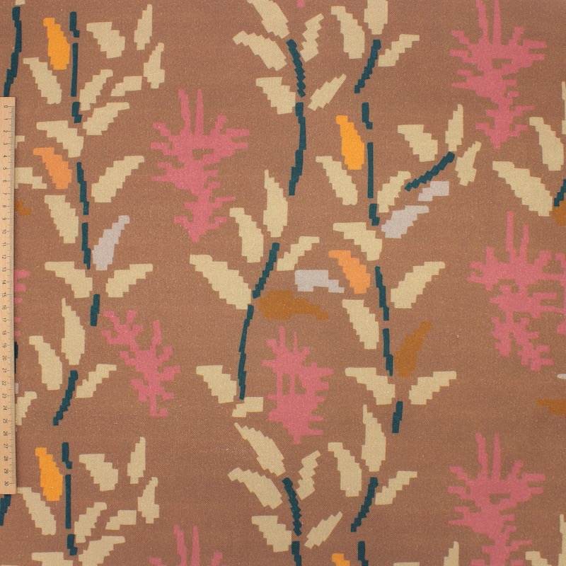 Katoenen stof met pixelbloemenprint - bruin en beige