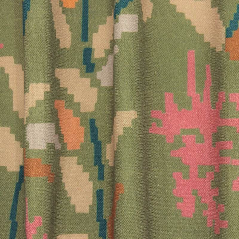 Katoenen stof met pixelbloemenprint - kaki en beige