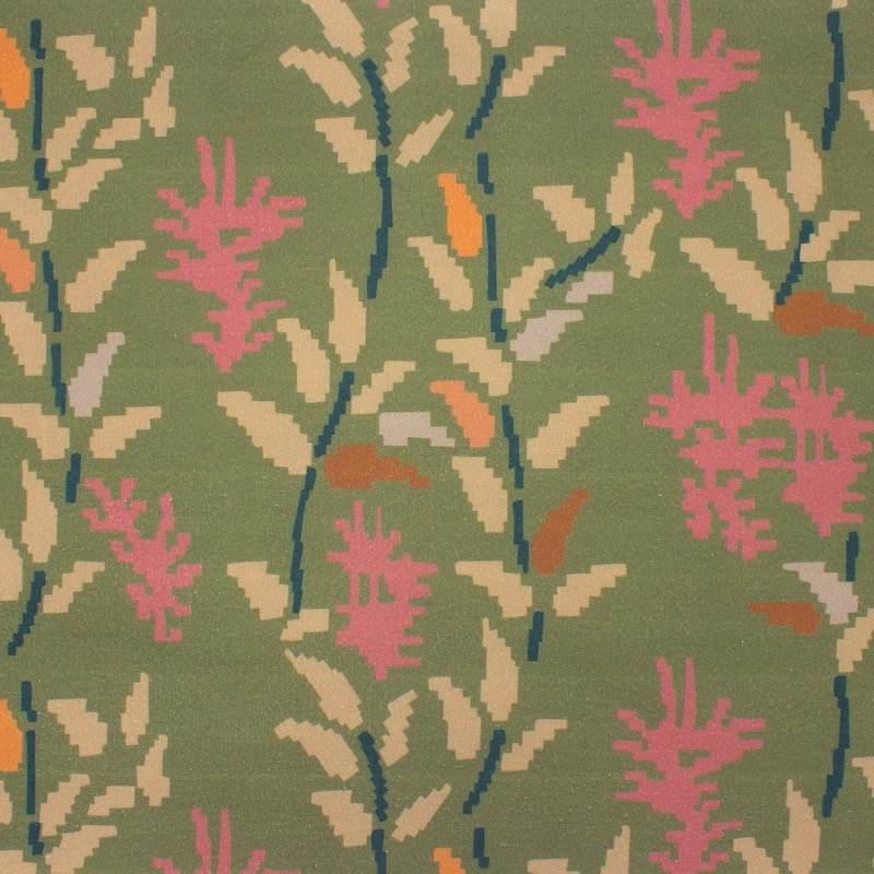 Pixel flower print cotton fabric - khaki and beige