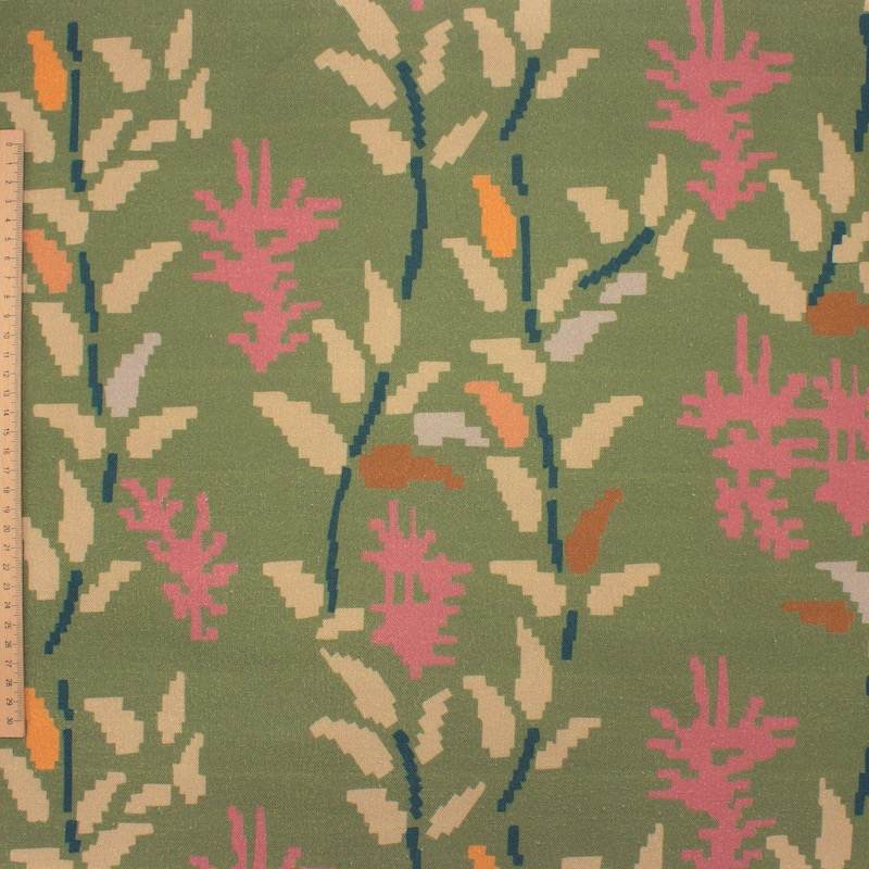 Katoenen stof met pixelbloemenprint - kaki en beige